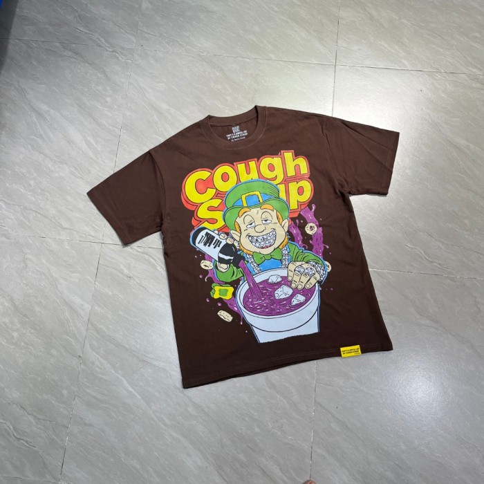 West Coast Casual Fashion Chocolate Brown Laid Back Leprechaun Mascot Pour Syrup Graffiti Bubble Font Print T-Shirt 29344165