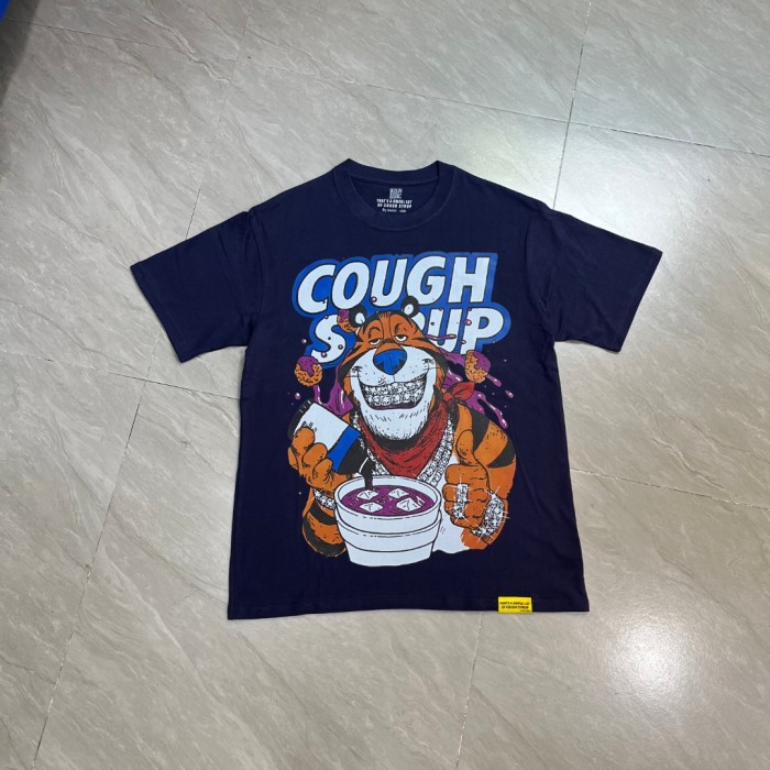 West Coast Casual Fashion Solid Navy Blue Laid Back Tiger Mascot Pour Syrup Graffiti Bubble Font Print T-Shirt 29344147