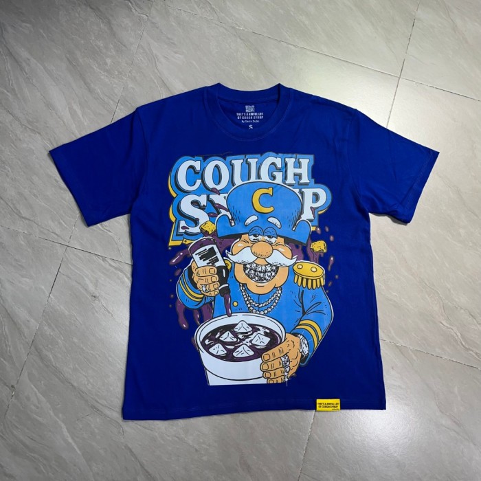 West Coast Casual Fashion Bright Royal Blue Captain Mascot Pour Syrup Graffiti Bubble Font Print T-Shirt 29344090