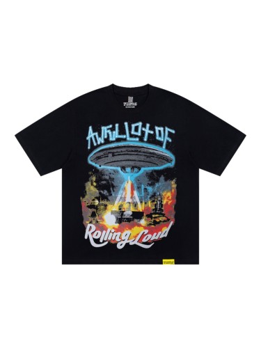Hip Hop Streetwear Front Neon Light Bulb Outline Text Ufo Spaceship Abduct Burning City Vintage Cosmic Sky Print Oversized T-Shirt 29344003