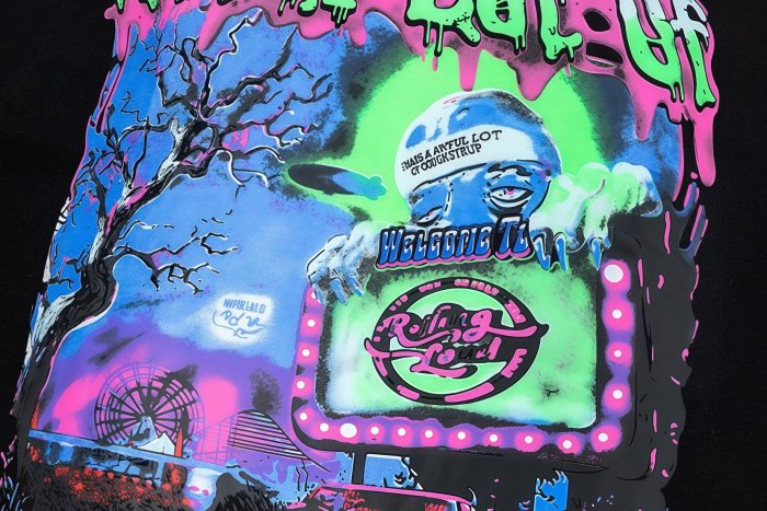 Y2K Dark Street Front Halloween Carnival Graveyard Monster Sea Lion Drip Font Print Back Contrast Layer Graffiti Oversized T-Shirt 29343932