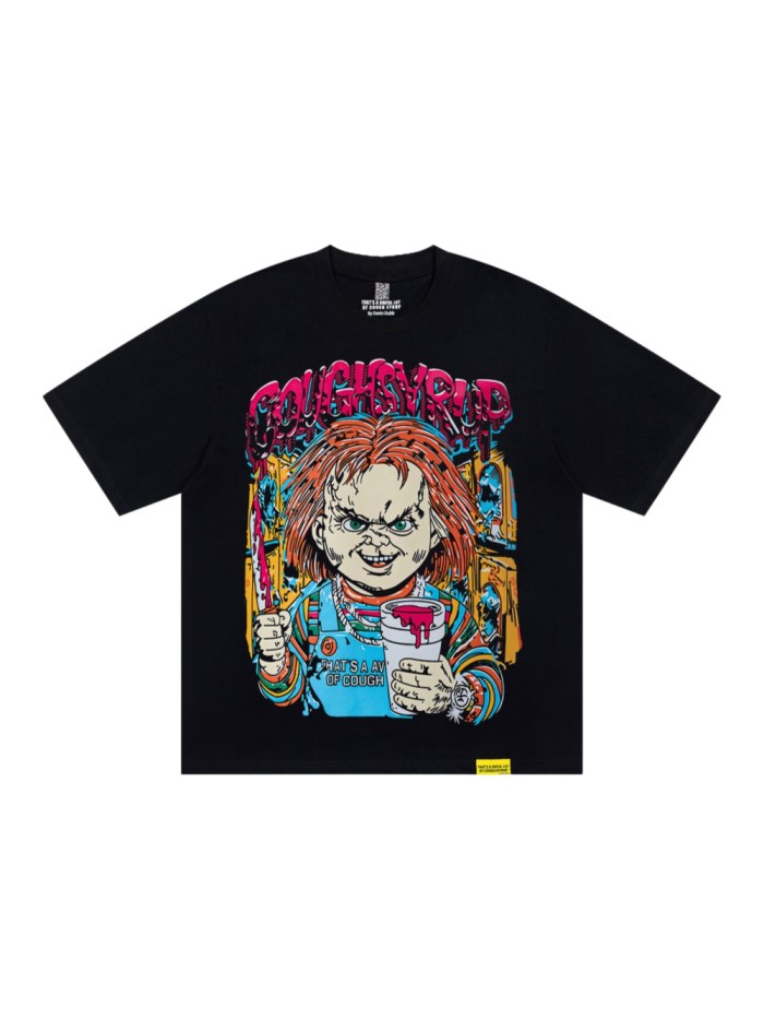 Horror Hip Hop Streetwear Front Chucky Doll Knife Syrup Cup Drip Graffiti Letter Cartoon Print Oversized T-Shirt 29344001