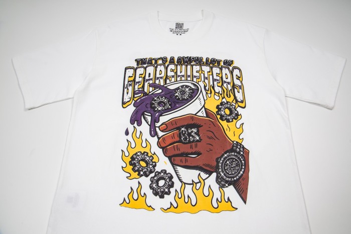 Grunge Streetwear Mechanic Hand Cup Gear Flame Gothic Letter Print Back Stacked 3D Outline Gearshifters Slogan Graphic Oversized T-Shirt 2 colors 29343893