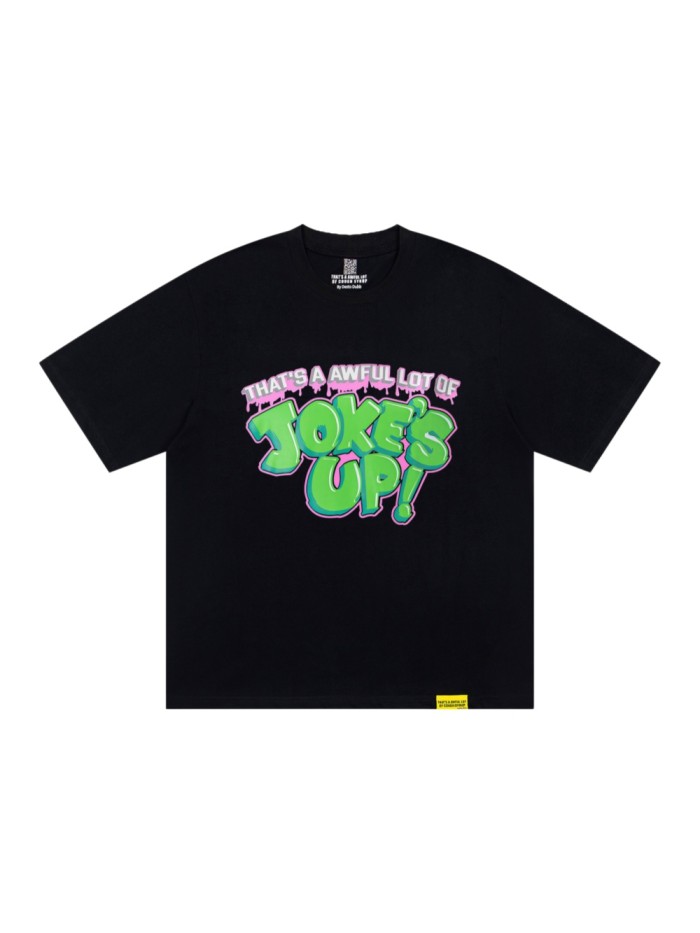 Cartoon Retro Streetwear Front Green Pink Outline Melting Bubble Joke’s Up Slogan Print Back Large Top Hat R Filled Repeat Logo Graphic Oversized T-Shirt 29343926