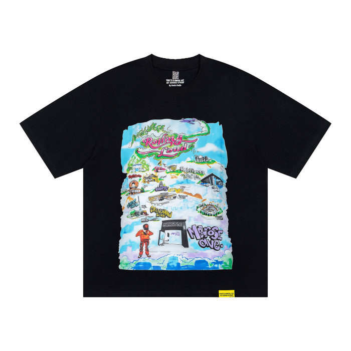West Coast Hip Hop Streetwear Front Rolling Loud City Map Landmark Character Multicolor Cartoon Illustration Print Back Green Outline Flame Wavy Oversized T-Shirt 29343931
