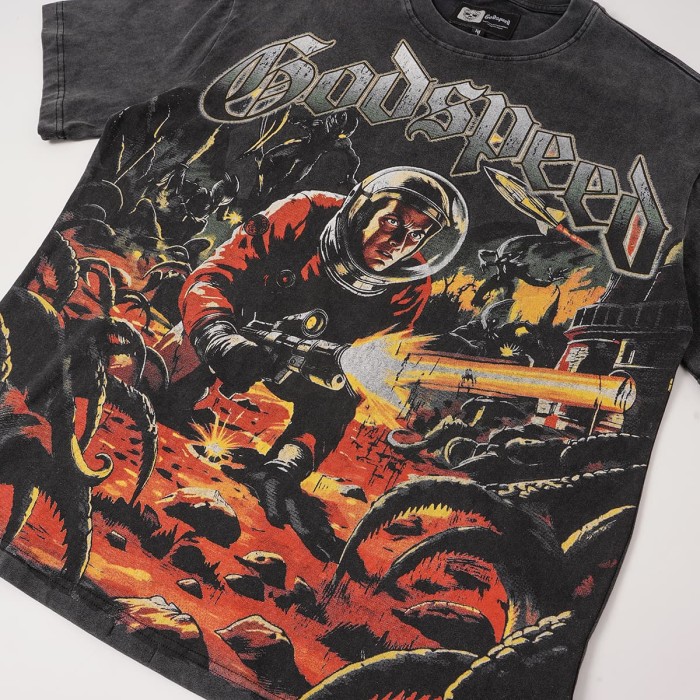 Retro Alien Horror Streetwear Front Vintage Space Warrior Monster Distressed Comic Gothic Letter Print Back Gradient Sun Eye Symbol T-Shirt 29345682