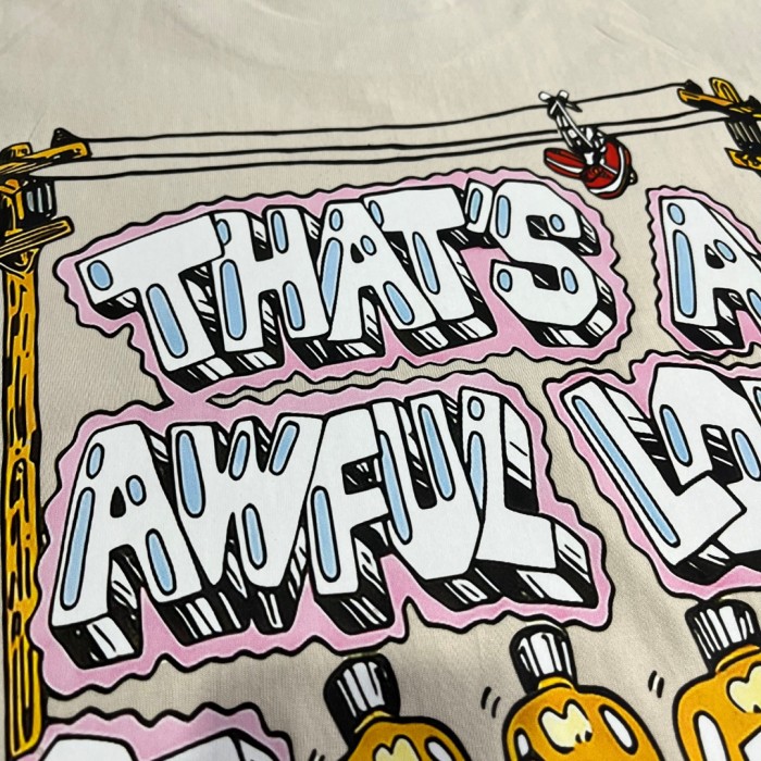 Cartoon Hip Hop Streetwear Front Pink Outline Bubble Text Back Utility Pole Cartoon Character Bottle Figure Double Sided Print T-Shirt 29345275