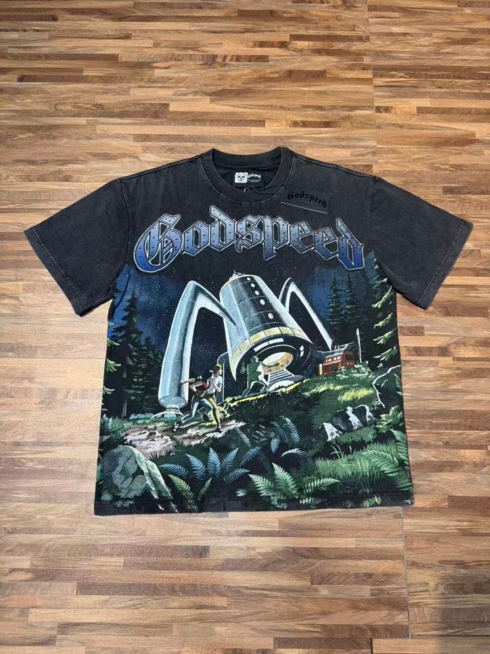 Retro Sci Fi Streetwear Front Vintage Alien Landing Comic Scene Gothic Letter Print Back Blue Outline Speckled GS Logo T-Shirt 2 colors 29345652