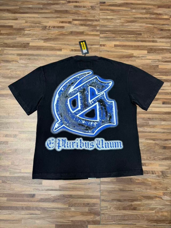 Retro Dark Dream Streetwear Front Blue Outline Graffiti Letter Starry Human Silhouette Scene Back Blue Border Galaxy GS Logo T-Shirt 29345676