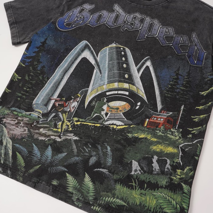 Retro Sci Fi Streetwear Front Vintage Alien Landing Comic Scene Gothic Letter Print Back Blue Outline Speckled GS Logo T-Shirt 2 colors 29345652