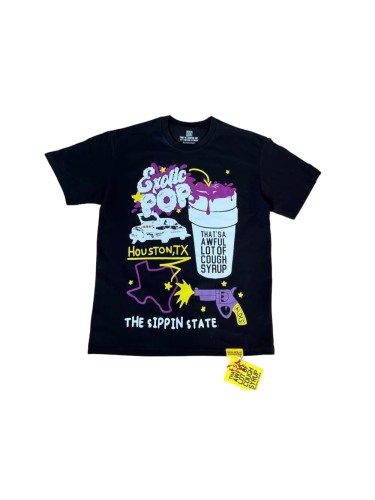 Southern Hip Hop Streetwear Front Houston Texas Map Pistol Lowrider Car Purple Syrup Cup Exotic Pop Cartoon Scene Print T-Shirt 29345308