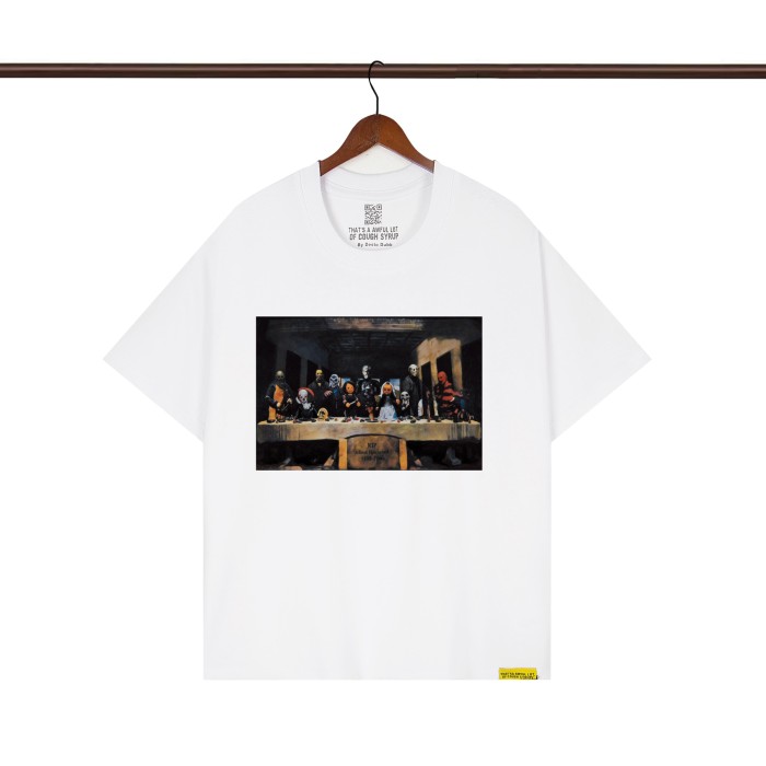 Pop Hip Hop Streetwear Front Cartoon Characters Last Supper Oil Painting Back Large Bold Yellow Block Letter Print T-Shirt 2 colors 29345276