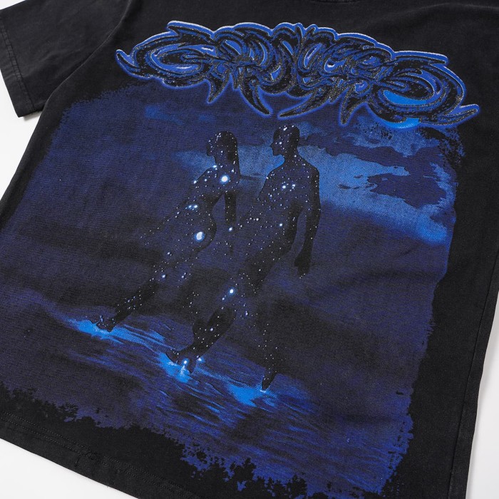 Retro Dark Dream Streetwear Front Blue Outline Graffiti Letter Starry Human Silhouette Scene Back Blue Border Galaxy GS Logo T-Shirt 29345676