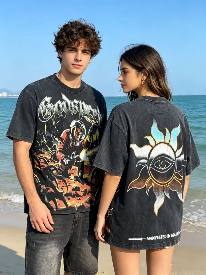 Retro Alien Horror Streetwear Front Vintage Space Warrior Monster Distressed Comic Gothic Letter Print Back Gradient Sun Eye Symbol T-Shirt 29345682