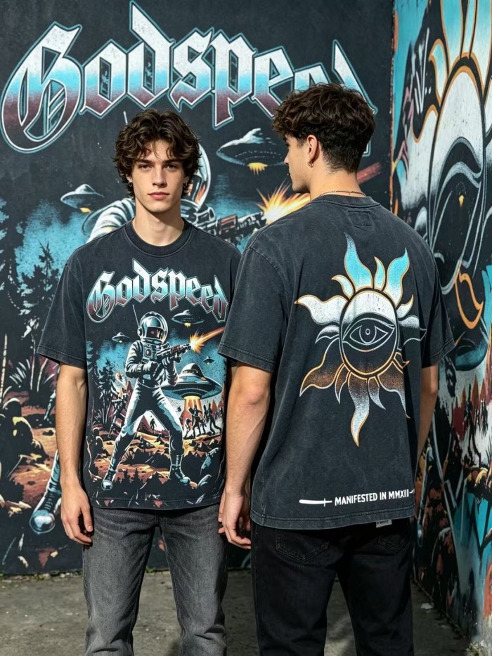 Retro Alien Streetwear Front Space Warrior UFO Vintage Comic Gothic Letter Print Back Gradient Sun Eye Symbol T-Shirt 2 colors 29345673