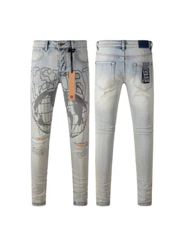 1:1 quality version Ripped Earth Outline 1999 Print Washed Jeans 29345268