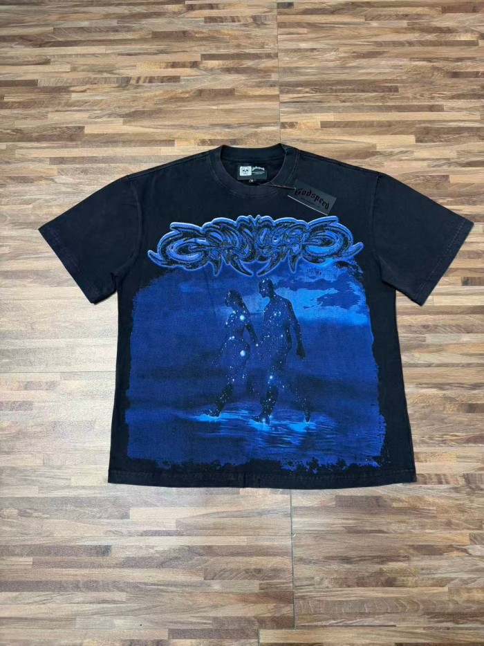 Retro Dark Dream Streetwear Front Blue Outline Graffiti Letter Starry Human Silhouette Scene Back Blue Border Galaxy GS Logo T-Shirt 29345676