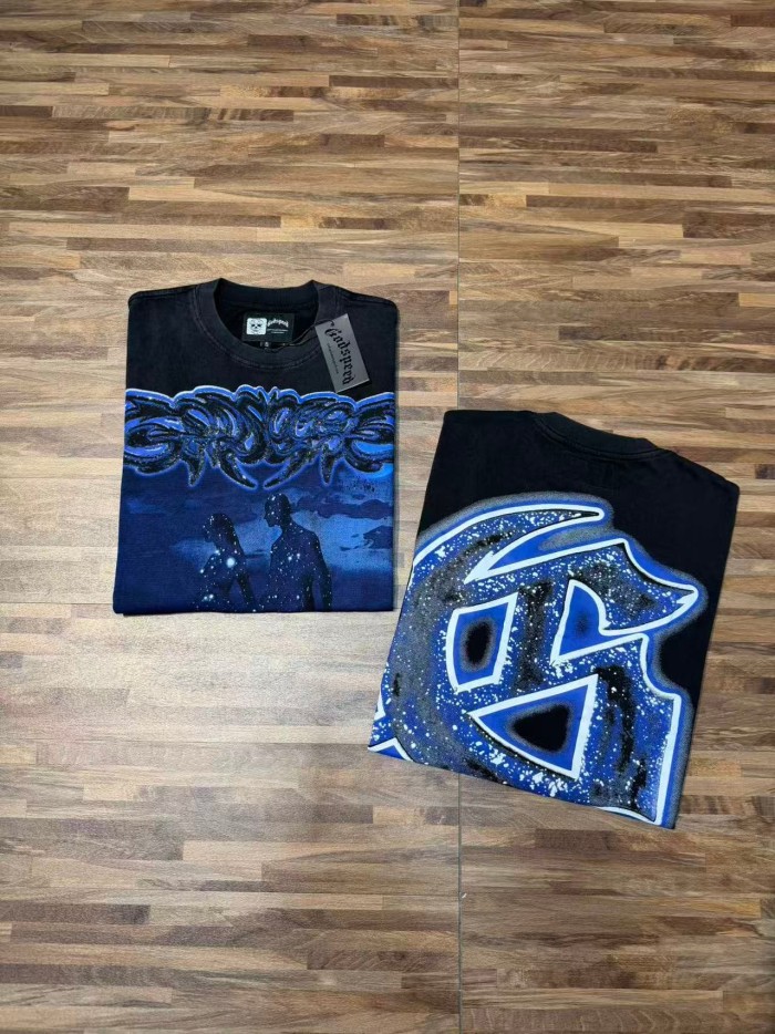 Retro Dark Dream Streetwear Front Blue Outline Graffiti Letter Starry Human Silhouette Scene Back Blue Border Galaxy GS Logo T-Shirt 29345676