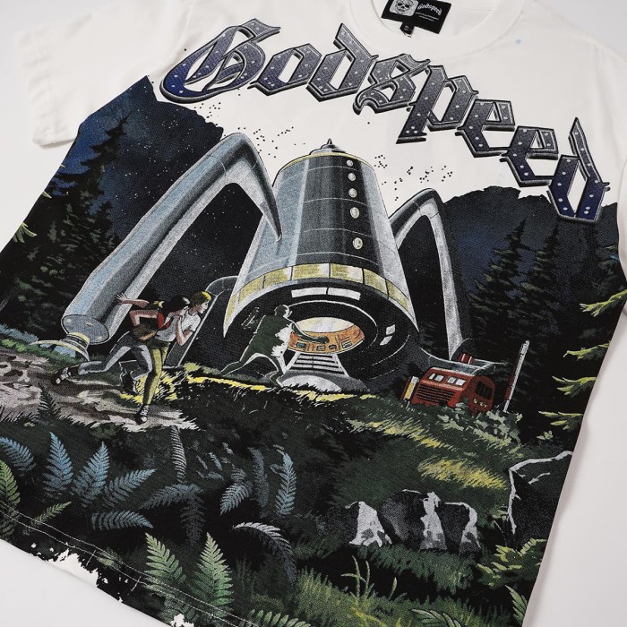 Retro Sci Fi Streetwear Front Vintage Alien Landing Comic Scene Gothic Letter Print Back Blue Outline Speckled GS Logo T-Shirt 2 colors 29345652
