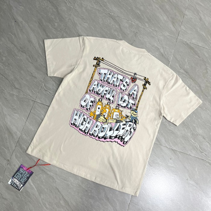 Cartoon Hip Hop Streetwear Front Pink Outline Bubble Text Back Utility Pole Cartoon Character Bottle Figure Double Sided Print T-Shirt 29345275