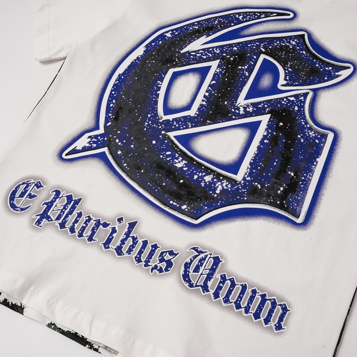 Retro Sci Fi Streetwear Front Vintage Alien Landing Comic Scene Gothic Letter Print Back Blue Outline Speckled GS Logo T-Shirt 2 colors 29345652