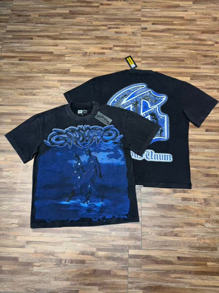 Retro Dark Dream Streetwear Front Blue Outline Graffiti Letter Starry Human Silhouette Scene Back Blue Border Galaxy GS Logo T-Shirt 29345676