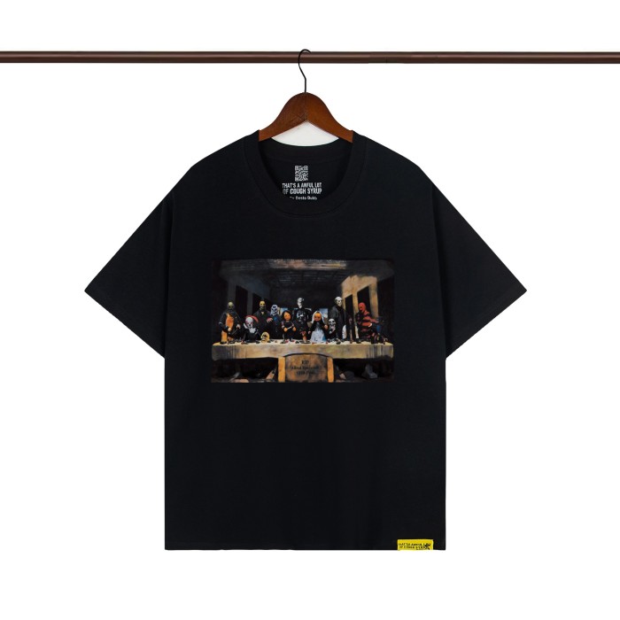 Pop Hip Hop Streetwear Front Cartoon Characters Last Supper Oil Painting Back Large Bold Yellow Block Letter Print T-Shirt 2 colors 29345276