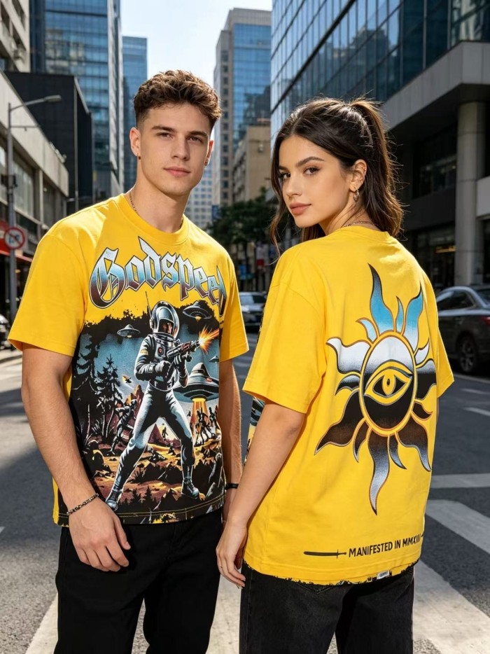 Retro Alien Streetwear Front Space Warrior UFO Vintage Comic Gothic Letter Print Back Gradient Sun Eye Symbol T-Shirt 2 colors 29345673