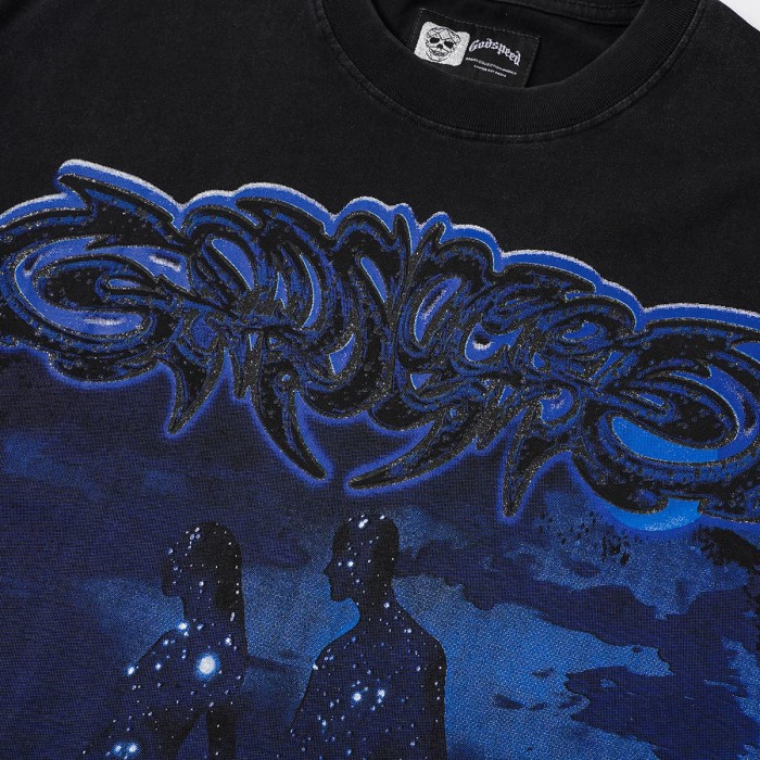 Retro Dark Dream Streetwear Front Blue Outline Graffiti Letter Starry Human Silhouette Scene Back Blue Border Galaxy GS Logo T-Shirt 29345676