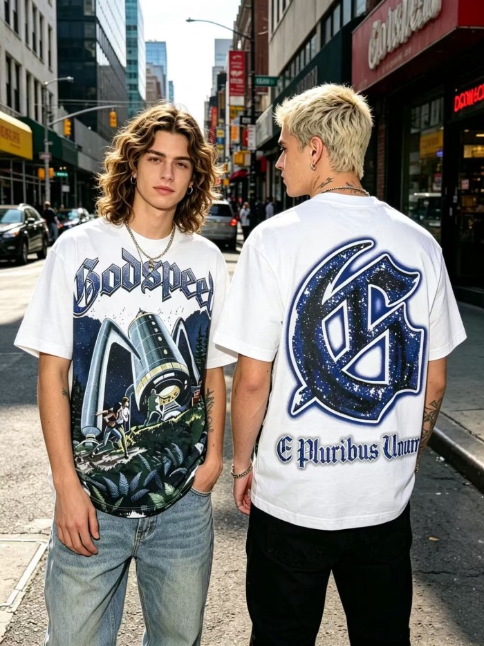 Retro Sci Fi Streetwear Front Vintage Alien Landing Comic Scene Gothic Letter Print Back Blue Outline Speckled GS Logo T-Shirt 2 colors 29345652