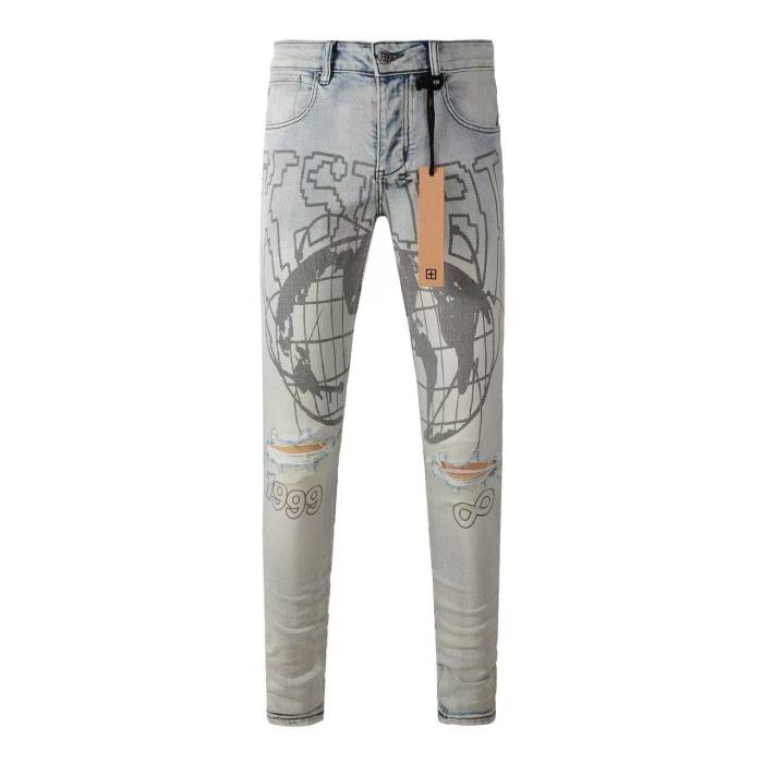 1:1 quality version Ripped Earth Outline 1999 Print Washed Jeans 29345268