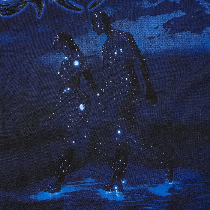 Retro Dark Dream Streetwear Front Blue Outline Graffiti Letter Starry Human Silhouette Scene Back Blue Border Galaxy GS Logo T-Shirt 29345676
