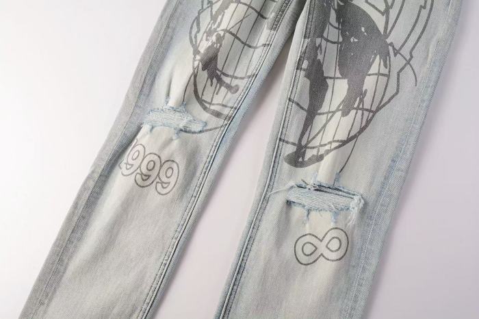 1:1 quality version Ripped Earth Outline 1999 Print Washed Jeans 29345268
