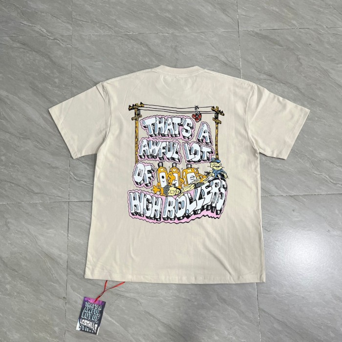 Cartoon Hip Hop Streetwear Front Pink Outline Bubble Text Back Utility Pole Cartoon Character Bottle Figure Double Sided Print T-Shirt 29345275