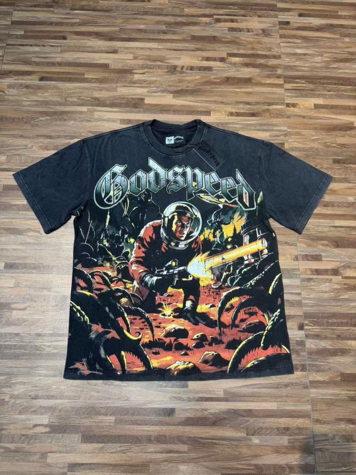 Retro Alien Horror Streetwear Front Vintage Space Warrior Monster Distressed Comic Gothic Letter Print Back Gradient Sun Eye Symbol T-Shirt 29345682