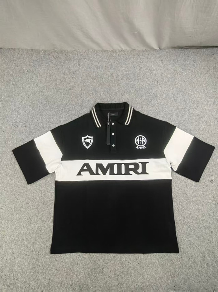 Amiri Double Emblem Logo Large Horizontal Letter Print Oversized Striped Collar Polo  Shirt 2 colors 29307078