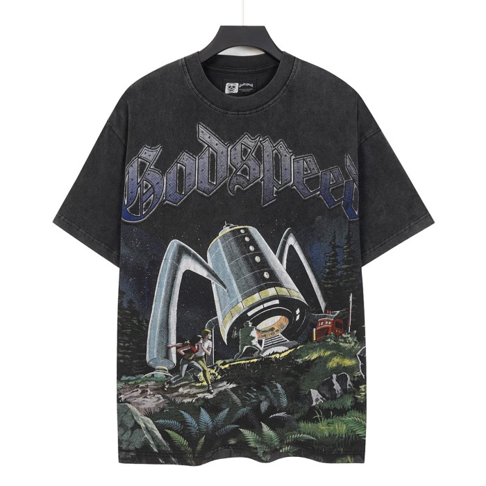Retro Sci Fi Streetwear Front Vintage Alien Landing Comic Scene Gothic Letter Print Back Blue Outline Speckled GS Logo T-Shirt 2 colors 29345652
