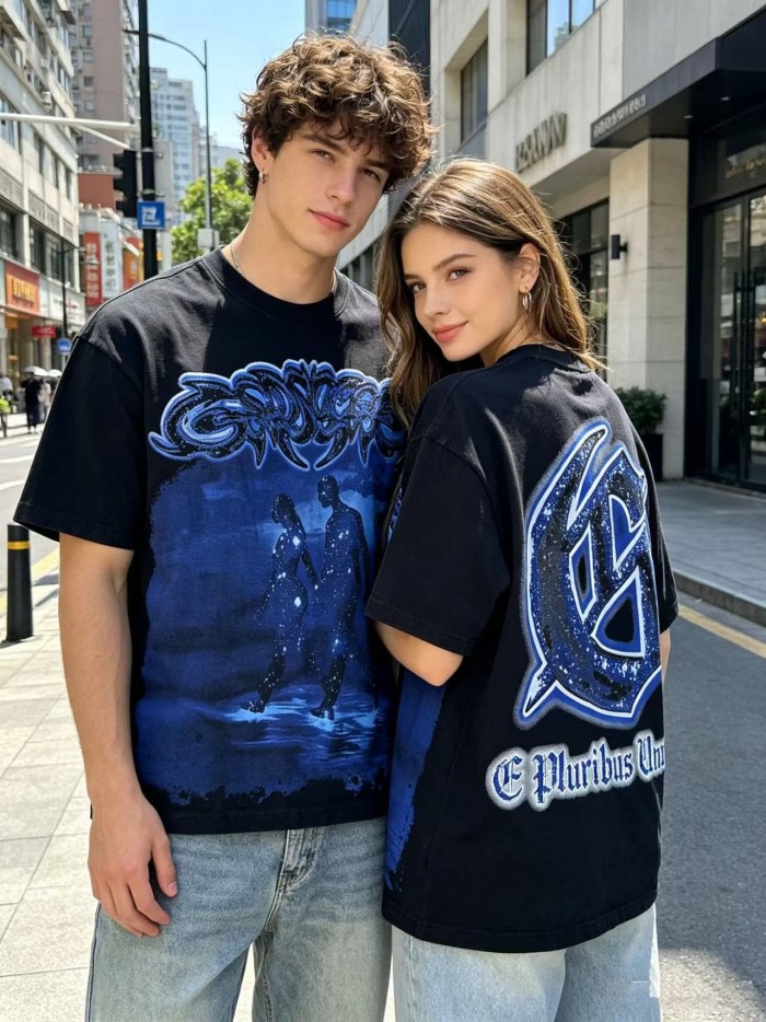 Retro Dark Dream Streetwear Front Blue Outline Graffiti Letter Starry Human Silhouette Scene Back Blue Border Galaxy GS Logo T-Shirt 29345676