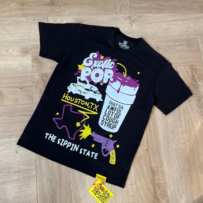Southern Hip Hop Streetwear Front Houston Texas Map Pistol Lowrider Car Purple Syrup Cup Exotic Pop Cartoon Scene Print T-Shirt 29345308