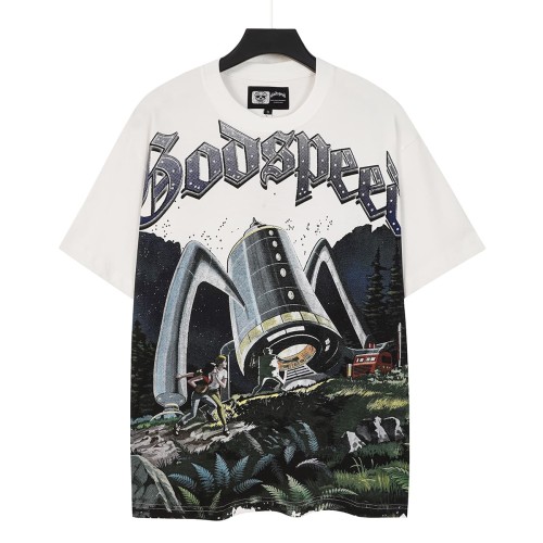 Retro Sci Fi Streetwear Front Vintage Alien Landing Comic Scene Gothic Letter Print Back Blue Outline Speckled GS Logo T-Shirt 2 colors 29345652