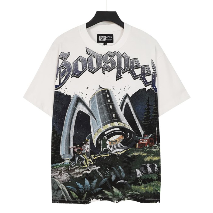 Retro Sci Fi Streetwear Front Vintage Alien Landing Comic Scene Gothic Letter Print Back Blue Outline Speckled GS Logo T-Shirt 2 colors 29345652