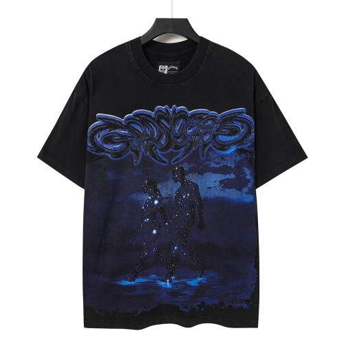 Retro Dark Dream Streetwear Front Blue Outline Graffiti Letter Starry Human Silhouette Scene Back Blue Border Galaxy GS Logo T-Shirt 29345676