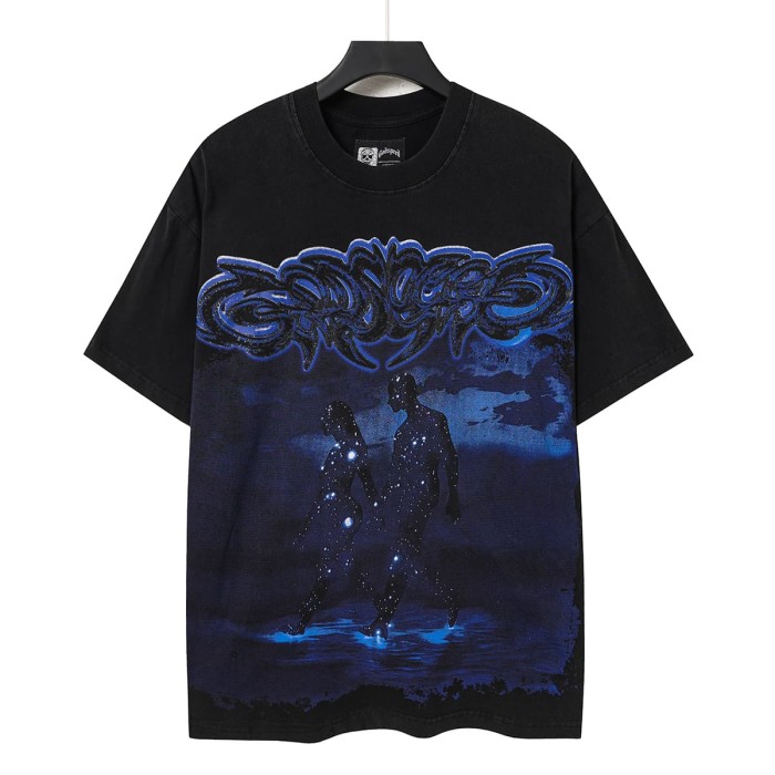 Retro Dark Dream Streetwear Front Blue Outline Graffiti Letter Starry Human Silhouette Scene Back Blue Border Galaxy GS Logo T-Shirt 29345676