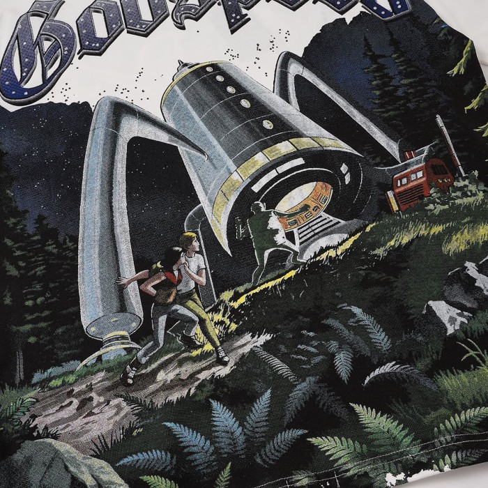 Retro Sci Fi Streetwear Front Vintage Alien Landing Comic Scene Gothic Letter Print Back Blue Outline Speckled GS Logo T-Shirt 2 colors 29345652