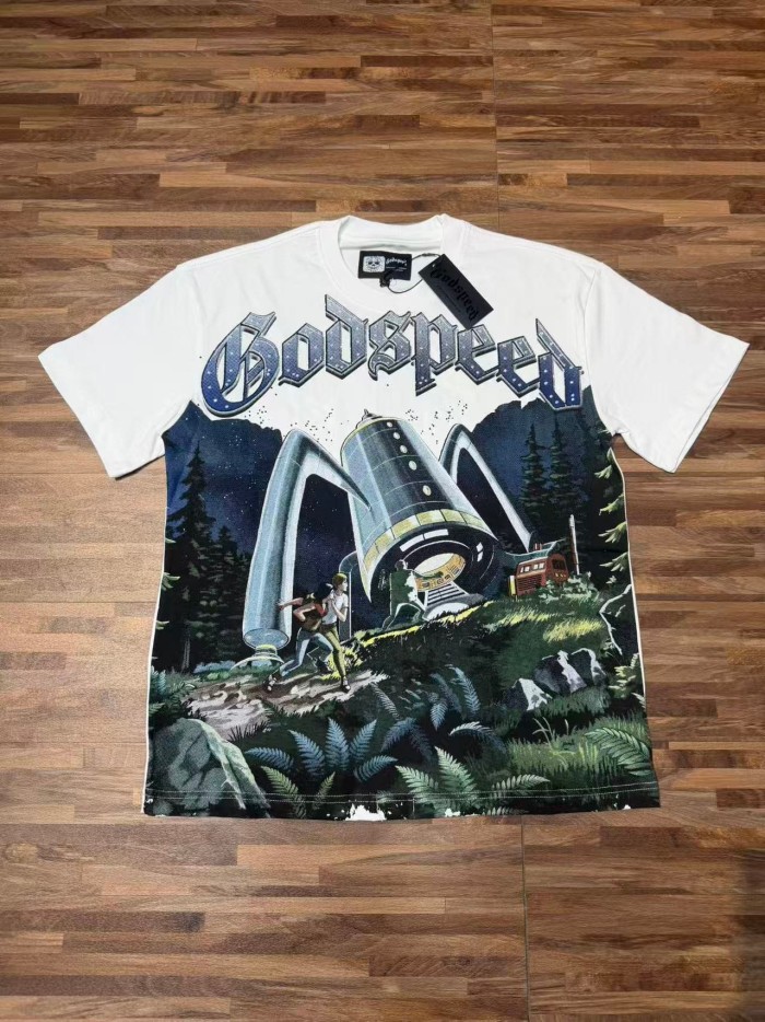 Retro Sci Fi Streetwear Front Vintage Alien Landing Comic Scene Gothic Letter Print Back Blue Outline Speckled GS Logo T-Shirt 2 colors 29345652