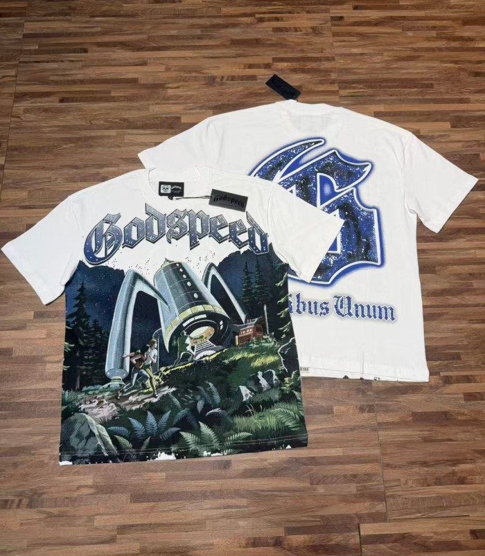 Retro Sci Fi Streetwear Front Vintage Alien Landing Comic Scene Gothic Letter Print Back Blue Outline Speckled GS Logo T-Shirt 2 colors 29345652
