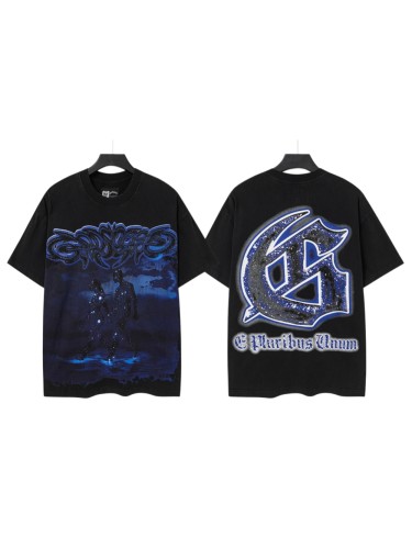 Retro Dark Dream Streetwear Front Blue Outline Graffiti Letter Starry Human Silhouette Scene Back Blue Border Galaxy GS Logo T-Shirt 29345676