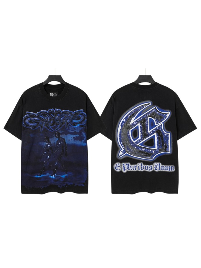 Retro Dark Dream Streetwear Front Blue Outline Graffiti Letter Starry Human Silhouette Scene Back Blue Border Galaxy GS Logo T-Shirt 29345676