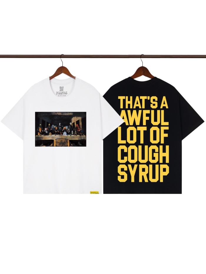 Pop Hip Hop Streetwear Front Cartoon Characters Last Supper Oil Painting Back Large Bold Yellow Block Letter Print T-Shirt 2 colors 29345276