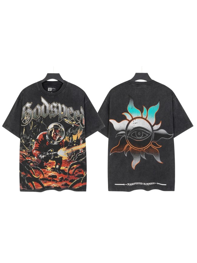 Retro Alien Horror Streetwear Front Vintage Space Warrior Monster Distressed Comic Gothic Letter Print Back Gradient Sun Eye Symbol T-Shirt 29345682
